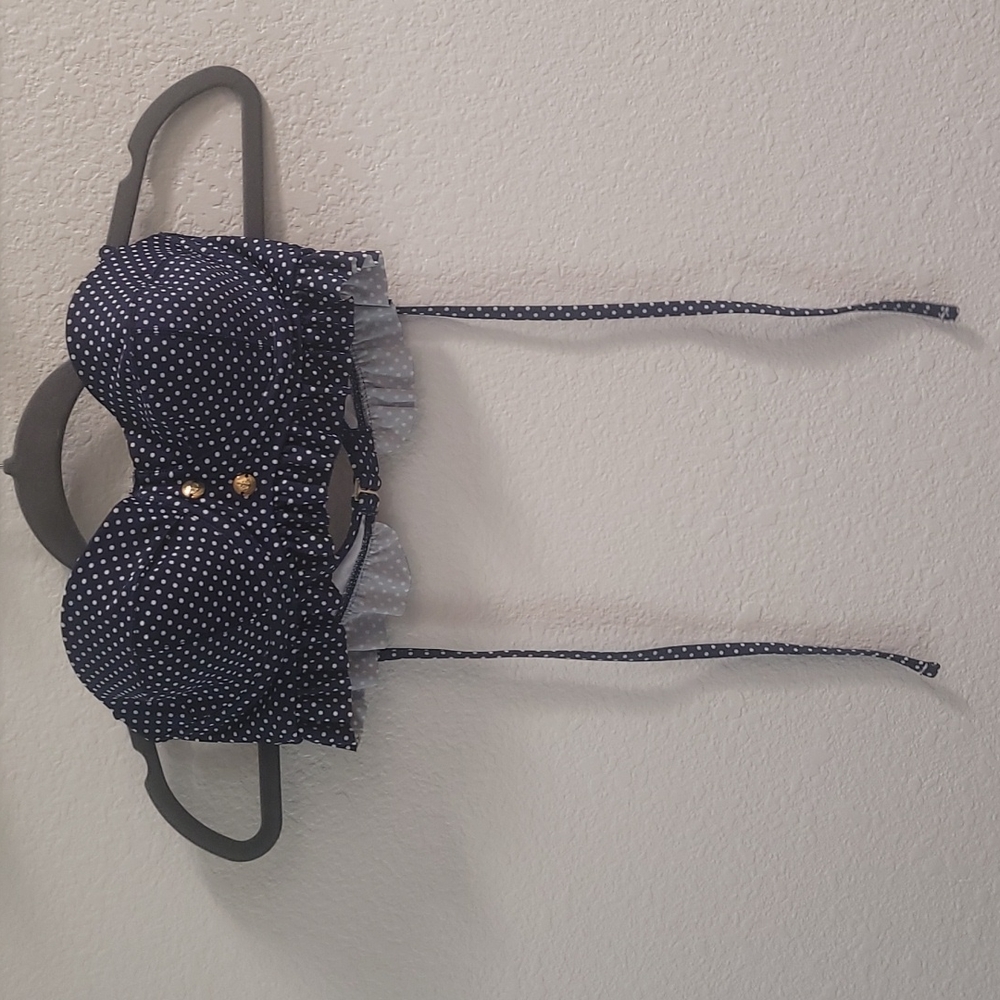 Xhilaration Navy White Polka Dot Ruffle Removable Tie Halter Straps Swim Top (S)